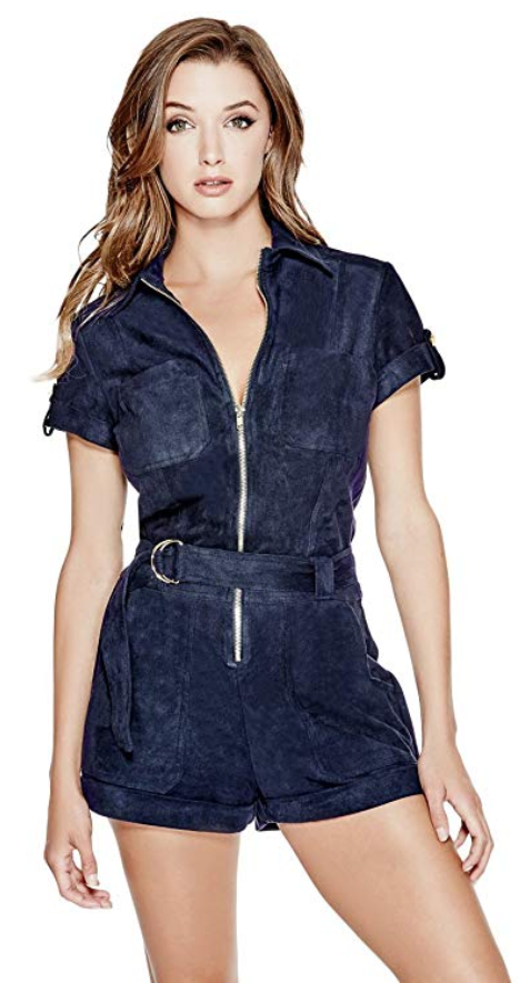 GUESS Women's Short Sleeve Anja Belted Faux Suede Romper