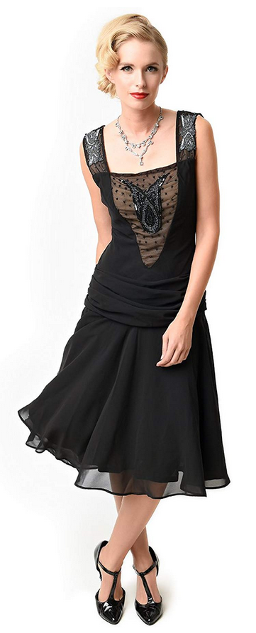 Unique Vintage 1920s Beaded Black La Plante Chiffon Flapper Dress