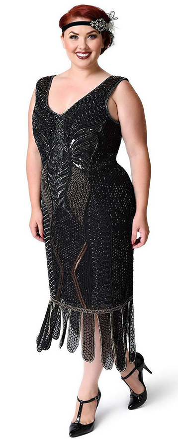 Unique Vintage Plus Size 1920s Black Beaded Sleeveless Hawkins Flapper Dress